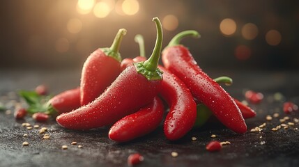 A group of fresh red chili peppers with water droplets on a dark surface.