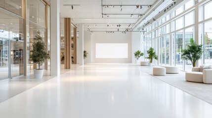 Fototapeta premium A minimalistic interior space features a large screen displaying a website under construction notice during daylight hours