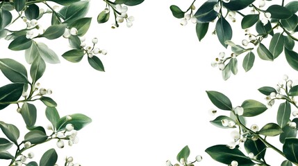 Botanical Frame with Green Leaves and White Berries on White Background