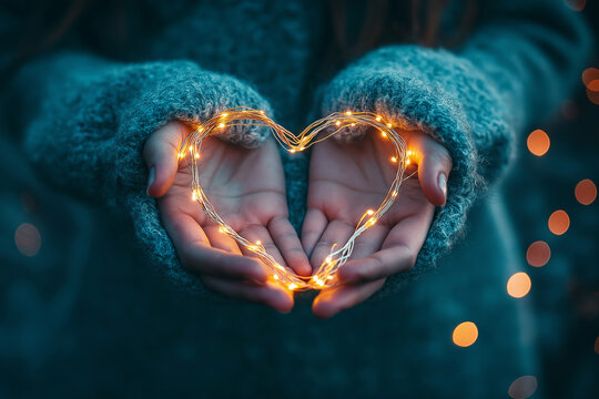 Woman holding heart shaped lighting garland. Love and warmth concept, Saint Valentine's Day greeting card, winter season holidays, New Year. Electric garland in the shape of a heart, romantic symbol