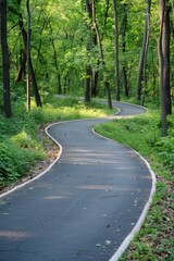 Fototapeta premium A winding road surrounded by trees and foliage in a dense forest