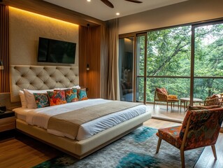 A cozy bedroom with modern decor and a view of nature through large windows.