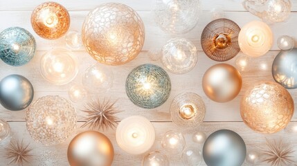 Festive Ornaments and Lights on Wooden Surface