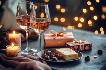 Romantic concept. Two glasses of rose wine with cheese and chocolate, gift box. Valentine's day theme, dating, romantic, love. Celebration setting for a couple with wine, bokeh background.