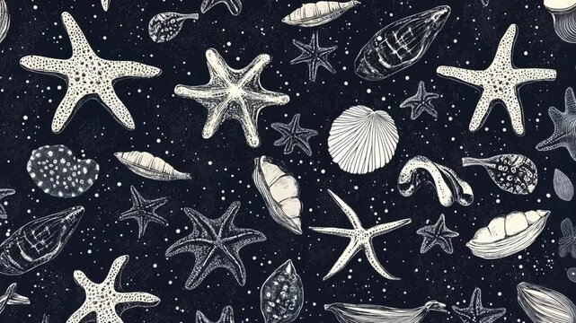 A black and white illustration of seashells and starfish on a dark blue background