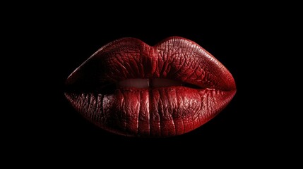 A close-up shot of a red lip on a black background, great for beauty and cosmetics use