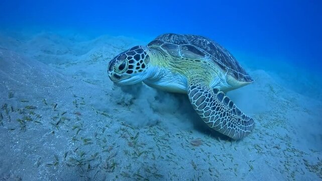Feeding cute wild sea turtle (Chelonia Mydas), shallow ocean with the sandy seabed. Underwater video, scuba diving with sea turtle. Wildlife in the sea, endangered animal footage.