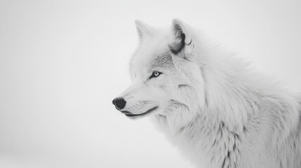 Naklejka premium White wolf with a focused expression, standing in full-body profile, looking slightly to the side, centered in the frame, isolated on white background