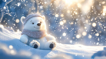 Obraz premium An adorable animated polar bear in a scarf and hat, sliding down a snowy hill, surrounded by sparkling snowflakes in a cheerful winter scene.
