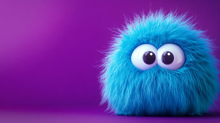 Fototapeta premium Cute Blue Furry Monster with Big Eyes on Purple Background