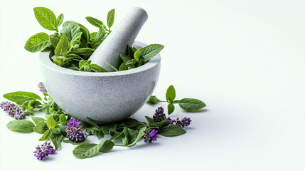 Healing fresh and dried herbs in marble mortar and pestle on white background. Setting for making herbal remedies, medicine preparation. Alternative medicine, health, natural ingredients