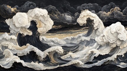 Fototapeta premium Dramatic waves and clouds in a dark, stormy sea.