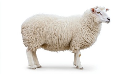 Fototapeta premium Sheep with fluffy white wool, standing upright, profile view, looking off to the side, isolated on white background, full-length portrait