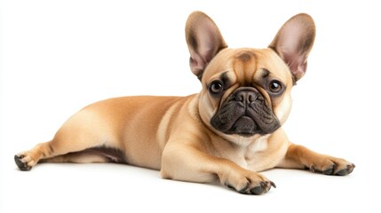 Fototapeta premium French Bulldog with tan fur lying down, front paws stretched, sweet expression, looking straight at the camera, centered, isolated on white background, full-length portrait