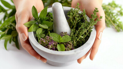 Female hands holding healing fresh and dried herbs in marble mortar with pestle. Setting for making herbal remedies, medicine preparation. Alternative medicine, health, natural ingredients