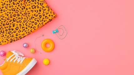 An outfit flat lay in bratcore style, featuring an animal print skirt, bright crop top, platform sneakers, and chunky jewelry