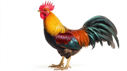 Fototapeta premium Colorful rooster with vibrant feathers, standing in profile view, looking off to the side, centered, isolated on white background, full-length portrait