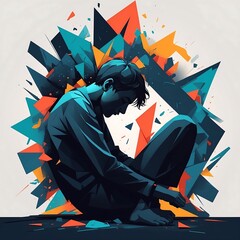 Modern, minimalist illustration of a person sitting with their head down, surrounded by abstract broken shapes