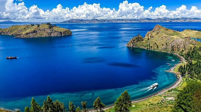 A boat sails across Lake Titicaca on a sunny day, surrounded by lush green hills and islands
