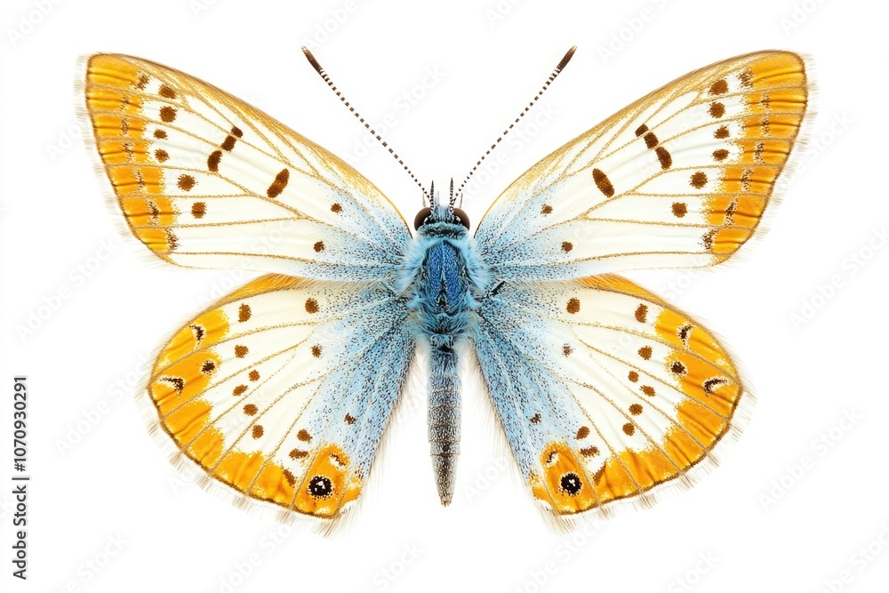 Poster a close-up view of a butterfly resting on a plain white surface, ideal for use in illustrations or d