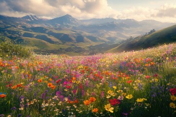 Obraz premium A serene mountain landscape with a colorful display of wildflowers