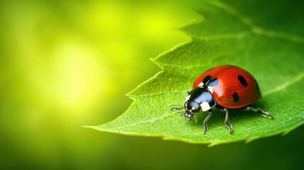 Fototapeta premium Explore the fascinating world of ladybugs as they thrive on green leaves in nature's bliss