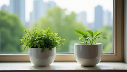 Fototapeta premium Windowsill Serenity: Two Modern Planters in a City Home