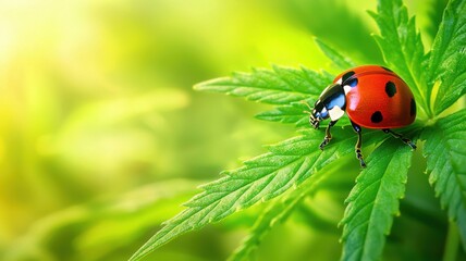 A vibrant ladybug crawls gracefully on green leaves in a sunlit nature scene