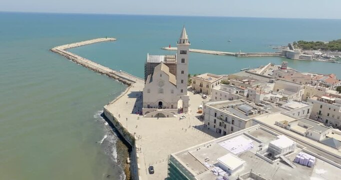 Aerial view of the Duomo of Trani, in Puglia, Italy. The cathedral basilica of Santa Maria Assunta, commonly known as San Nicola Pellegrino, is the main place of Catholic worship in the city.