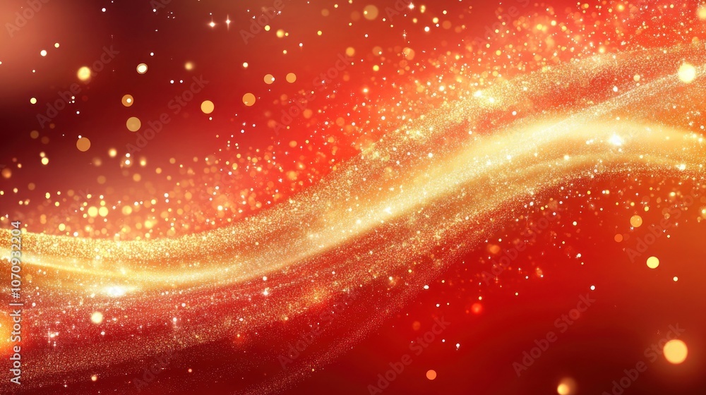 Poster A vibrant abstract design featuring flowing lines and sparkling particles in red and gold hues.