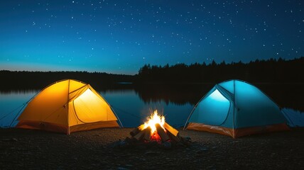 Experience the serenity of camping under the stars near a tranquil lake with a cozy campfire