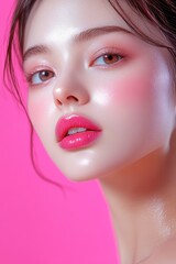 A close-up of a Korean woman's full pink lips, adorned with glossy lipstick, featuring flawless skin and a soft pink background