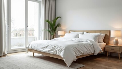 Fototapeta premium Cozy Modern Bedroom with White Bedding and Natural Light
