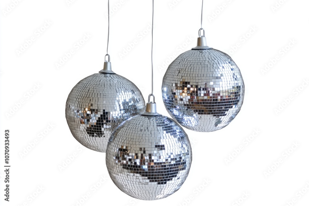Poster three shiny disco balls suspended from a string against a dark or colored background