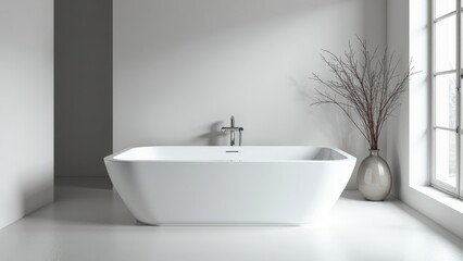 Fototapeta premium Sleek Modern White Bathtub in Minimalist Bathroom Design
