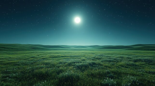 Full moon illuminates a grassy field under a starry sky.