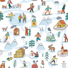Winter holiday in the village with people skiing, skates, dogs, animals, houses illustrations seamless pattern.