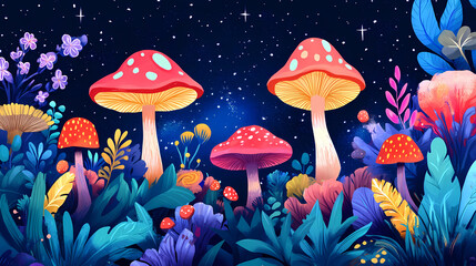 A vibrant fantasy landscape with colorful mushrooms and flowers under a starry sky, creating a magical and surreal atmosphere. Surreal. Illustration
