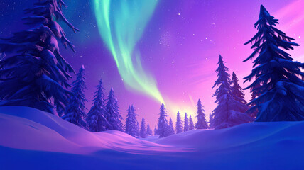 Naklejka premium An animated scene of the Northern Lights dancing above a snowy forest of pine trees, with vibrant colors providing a striking backdrop and space at the bottom for festive wishes