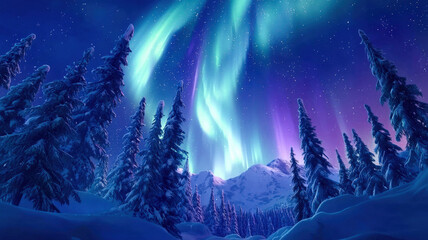 Naklejka premium An animated scene of the Northern Lights dancing above a snowy forest of pine trees, with vibrant colors providing a striking backdrop and space at the bottom for festive wishes