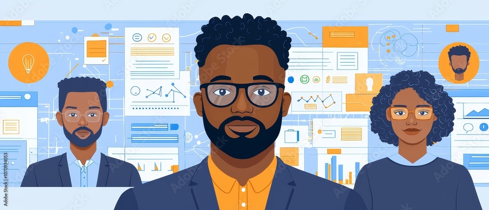 Poster a group of diverse professionals analyzing data, set against a backdrop of graphs and statistics, sh