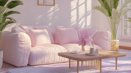 A pink sofa with fluffy pillows in a living room with plants, a coffee table, and sunlight streaming through the window.