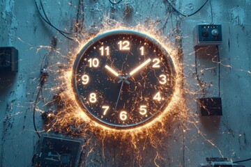 A neon clock, with illuminated glowing numbers, hands, face. Time, urgency, countdown.