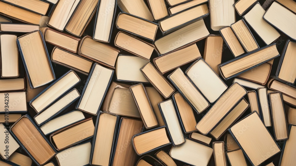 Poster A collection of stacked books creating a visually appealing pattern.