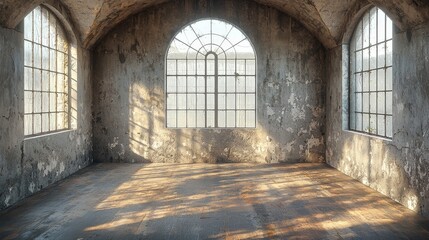 A sunlit, weathered interior with large windows and a rustic atmosphere.