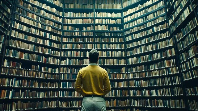 A man stands in a large library, surrounded by bookshelves filled with countless books