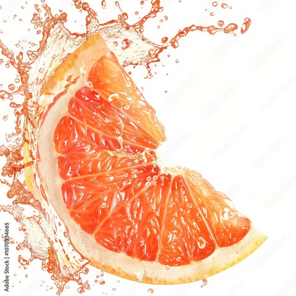 Poster slice of grapefruit with juice splashing around it on a white background