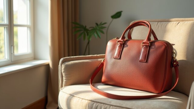 Stylish Designer Handbag on Cozy Armchair with Sunlight