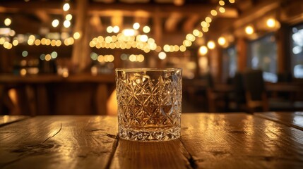 A glass of whiskey sits on a wooden table