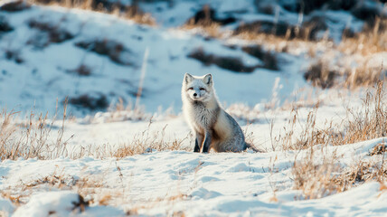 An arctic fox halfway through its winter-to-spring coat transition, with half-white, half-brown fur blending into a snowy and earthy landscape, with text space in the open snow area